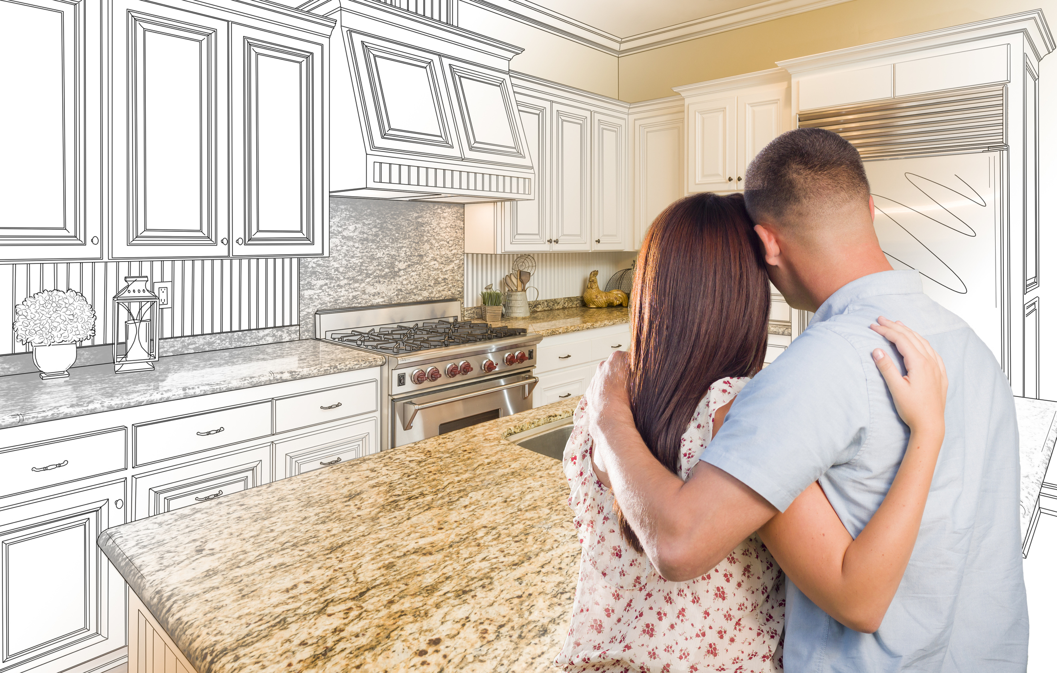 Young Military Couple Inside Custom Kitchen and Design Drawing Couple Designing Their Home